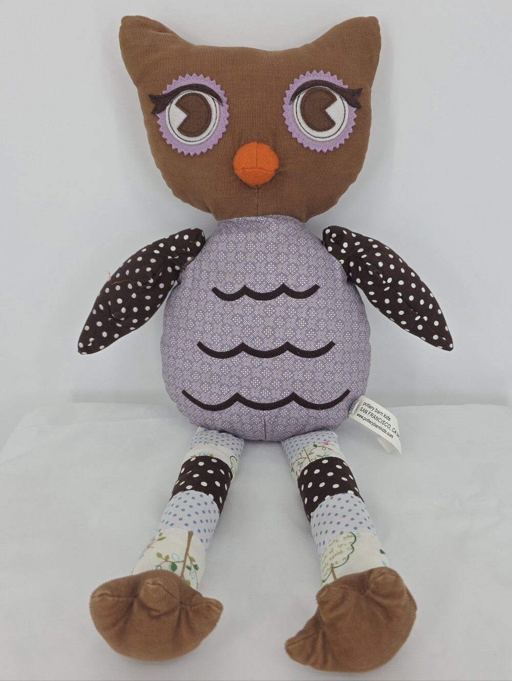 Pottery Barn Kids Owl Plush 21" Purple Patchwork Corduroy PBK 2012 Retired